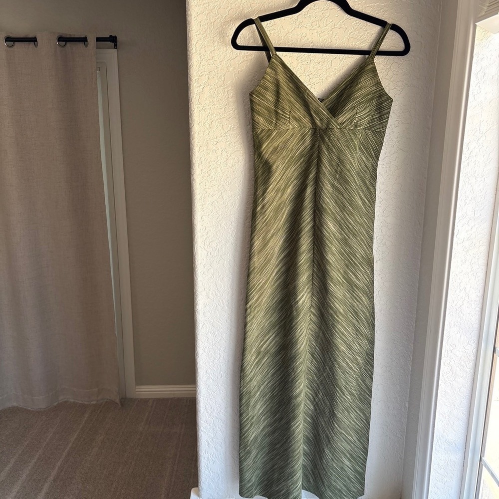 Old Navy Vintage Y2K Women 1 XS Maxi Dress Green Linen Cotton Stripe V-Neck